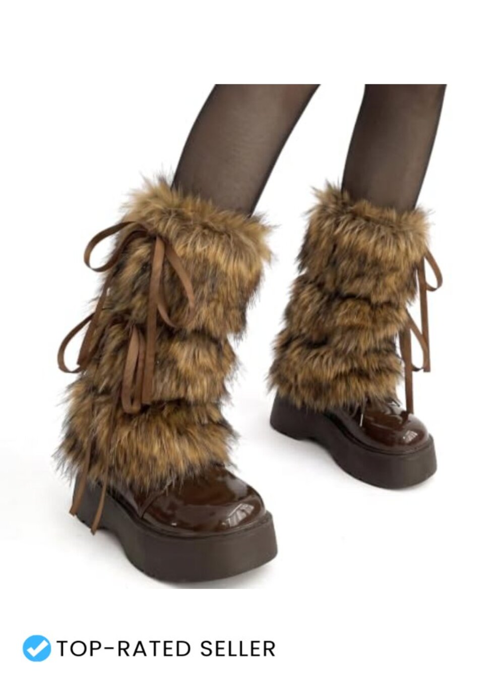 Fuzzy Faux Fur Leg Warmers Ribbon Bow Knot Y2K Winter Boot Cuffs